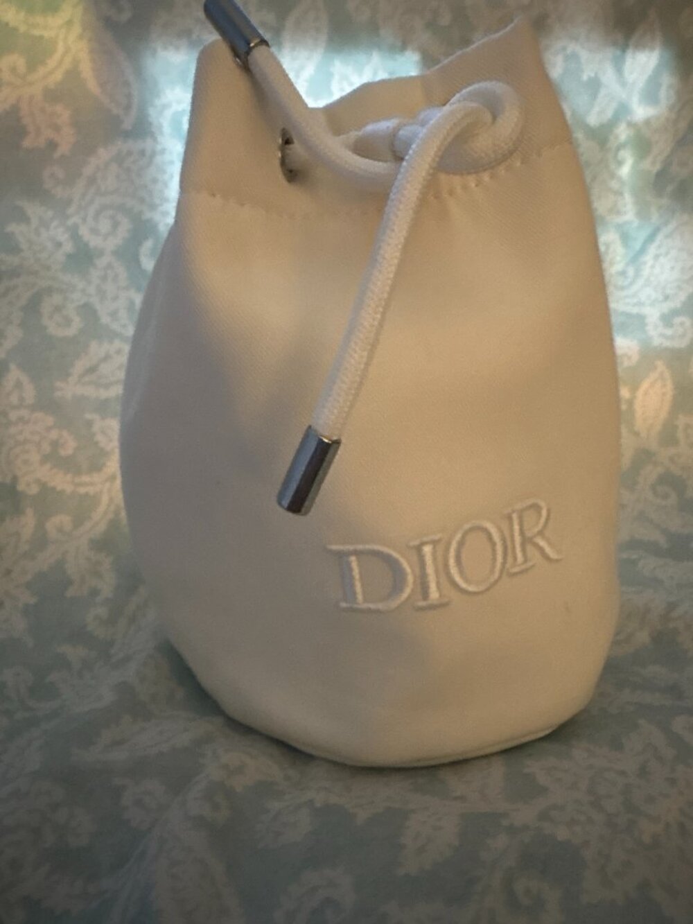 Genuine Christian Dior White Canvas Drawstring Cosmetic Bag w/ Rope Ties Quality